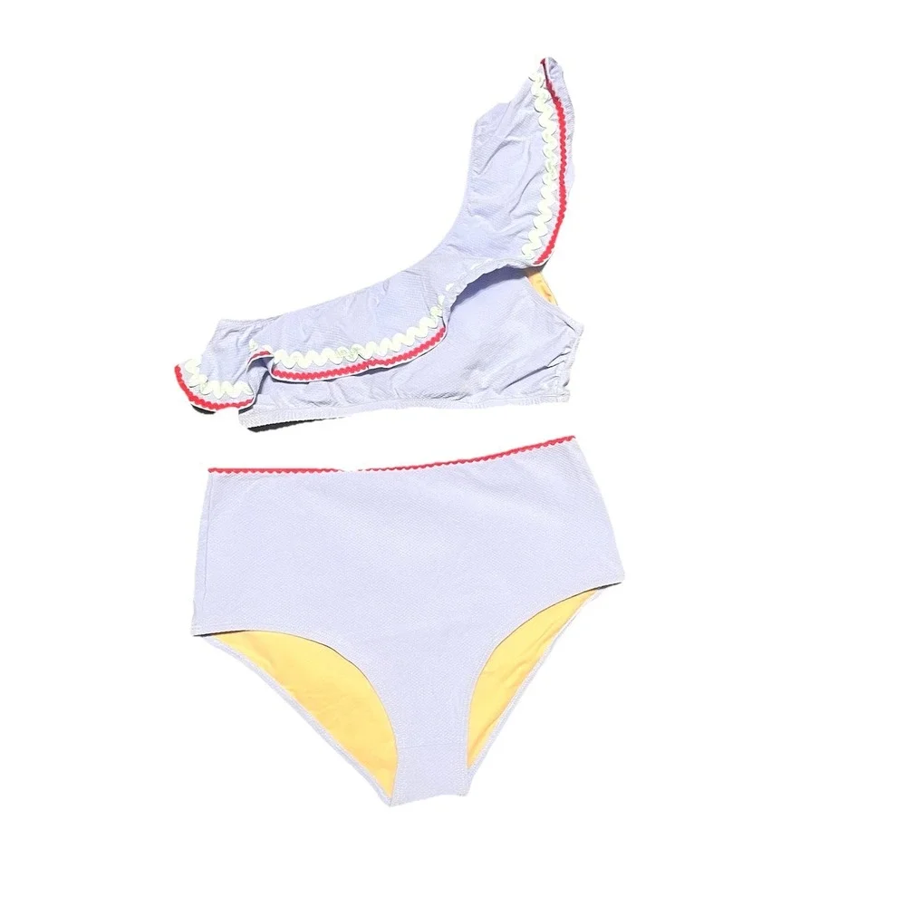 J. Crew High‎ Waist One Arm Top Ruffle Rickrack Bikini Set Blue Size S/M Preppy